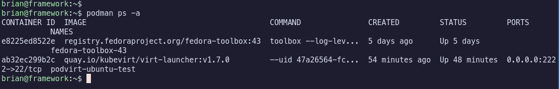 podman ps showing the podvirt container